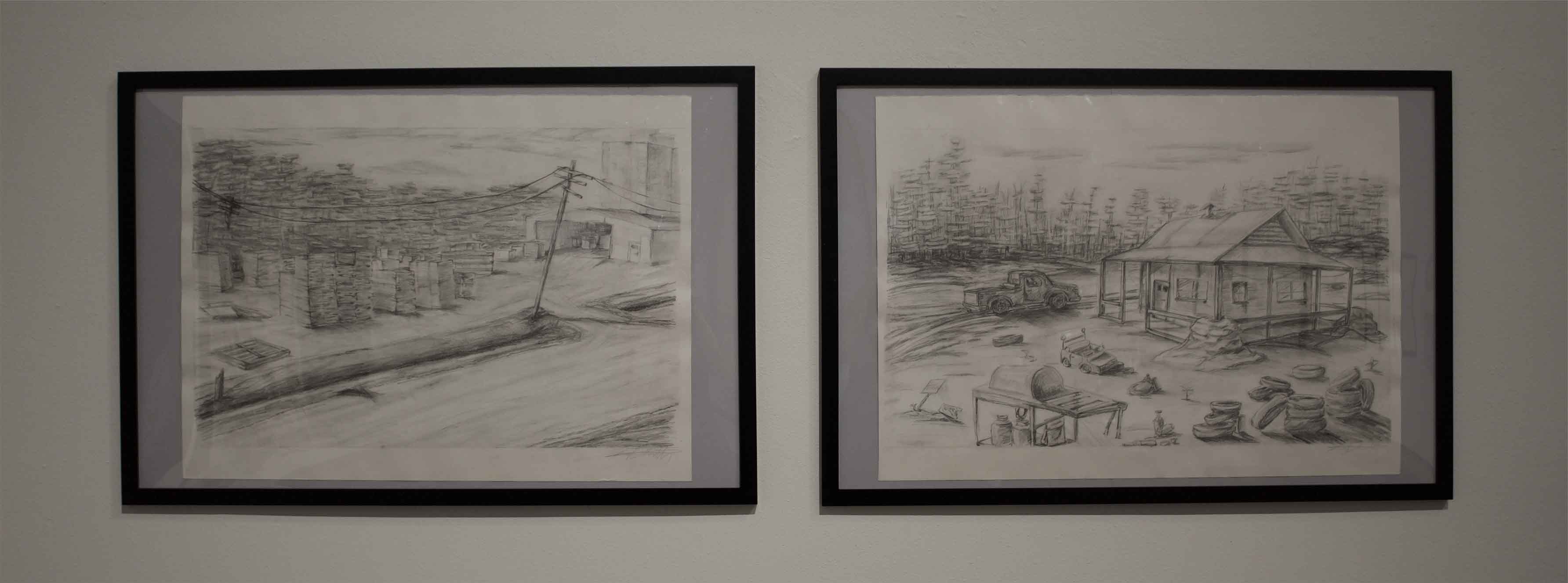 Two framed pencil sketches; one of an industrial scene, the other a rural setting with a house and truck.