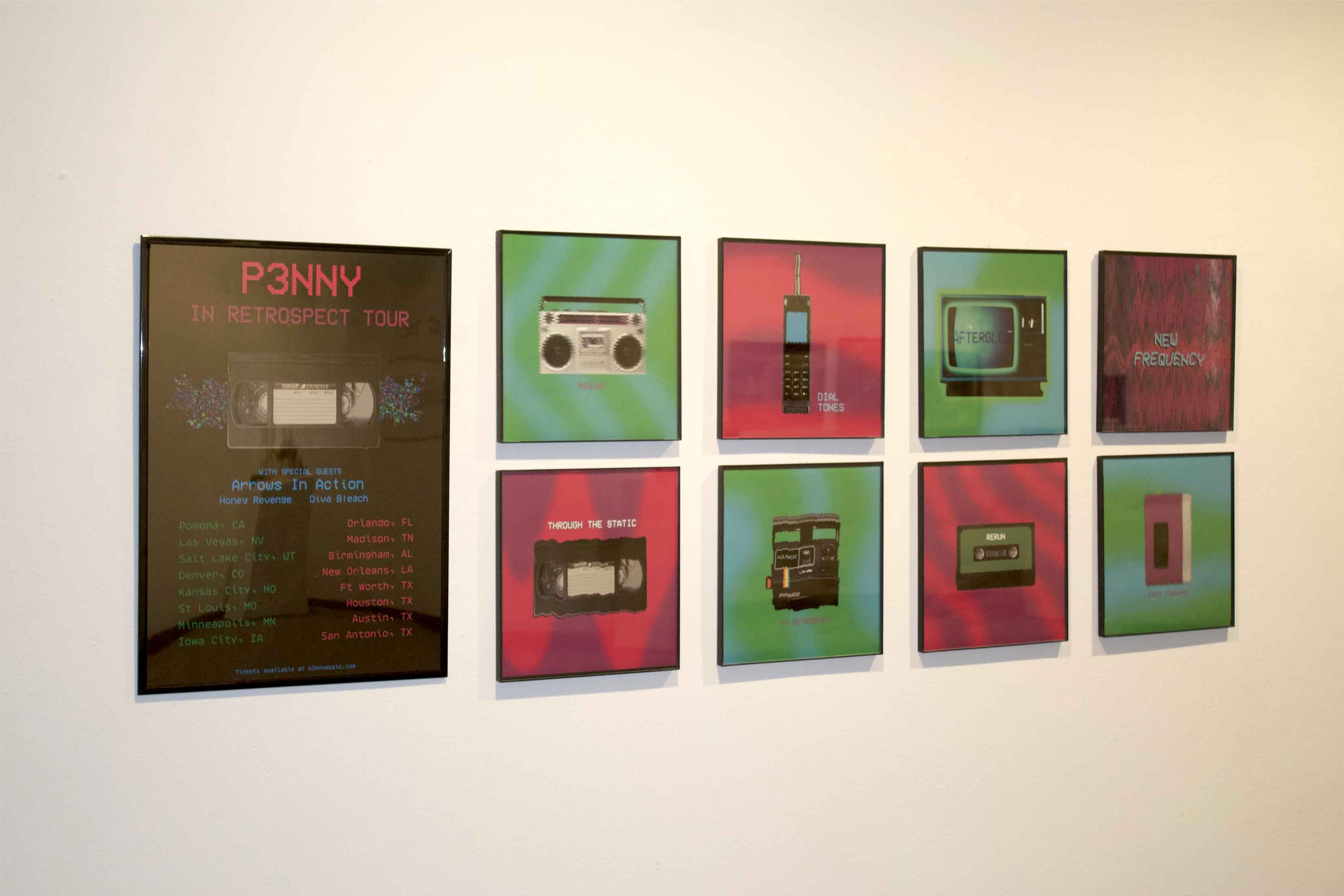 A display of nine framed artworks, including a tour poster and digital images of retro technology.