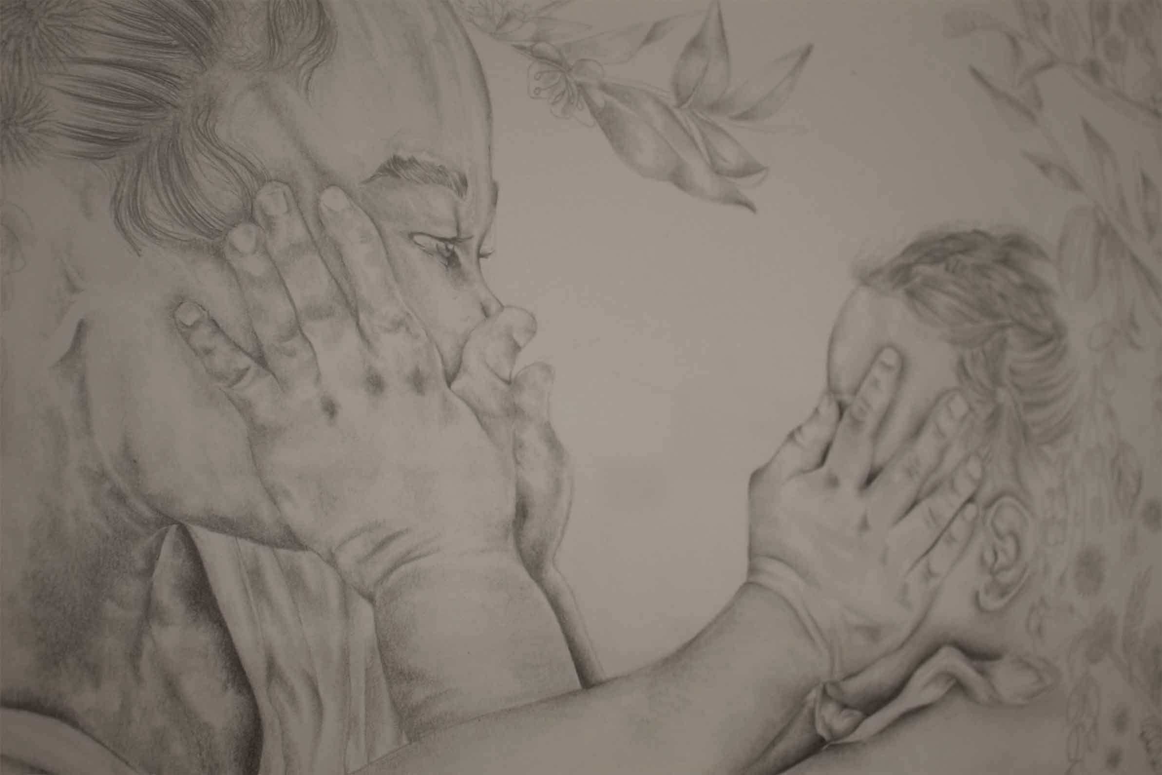 Pencil drawing of a person touching a child's face, surrounded by floral designs.