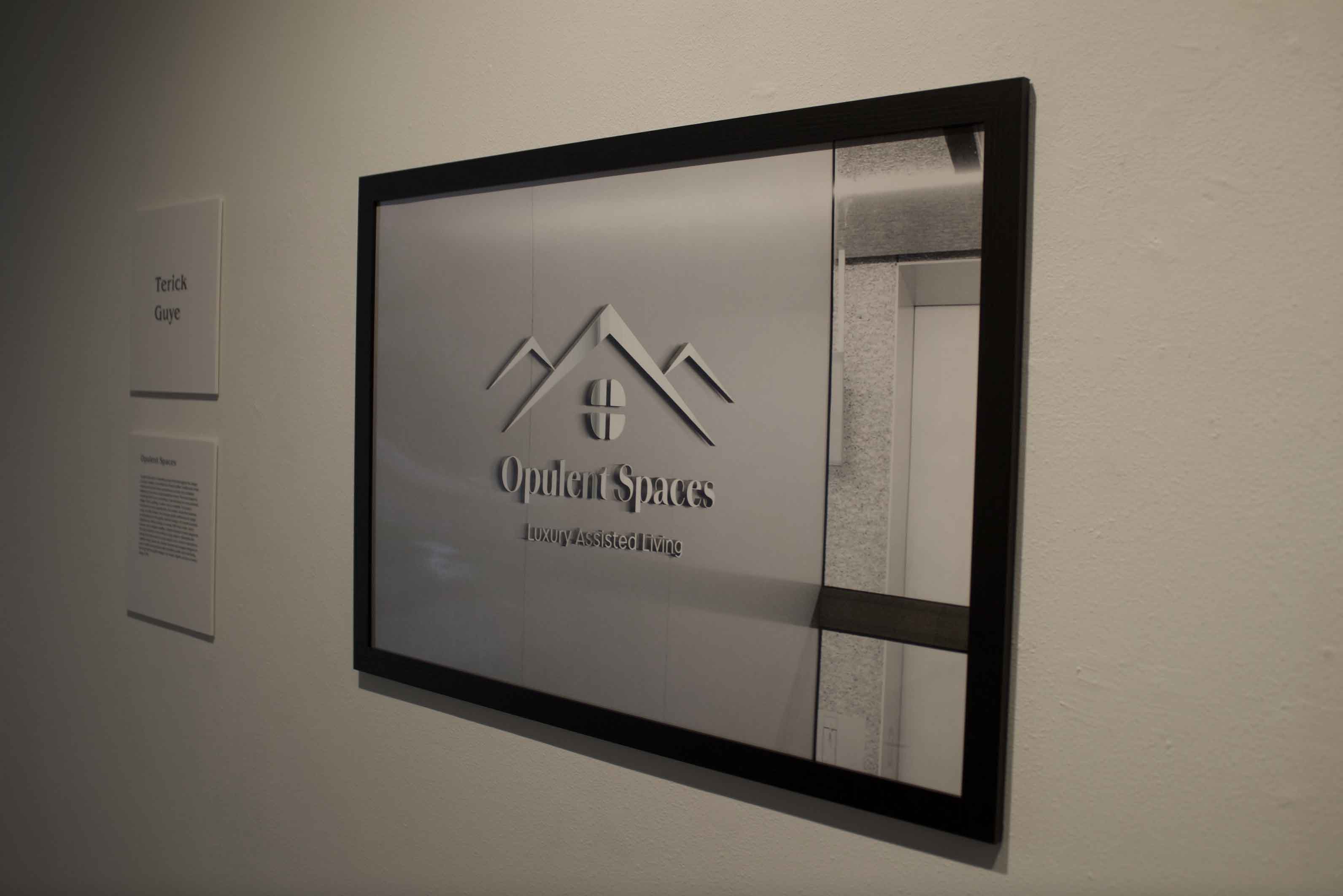 A framed photo of a silver logo that says "Opulent Spaces, Luxury Assisted Living"