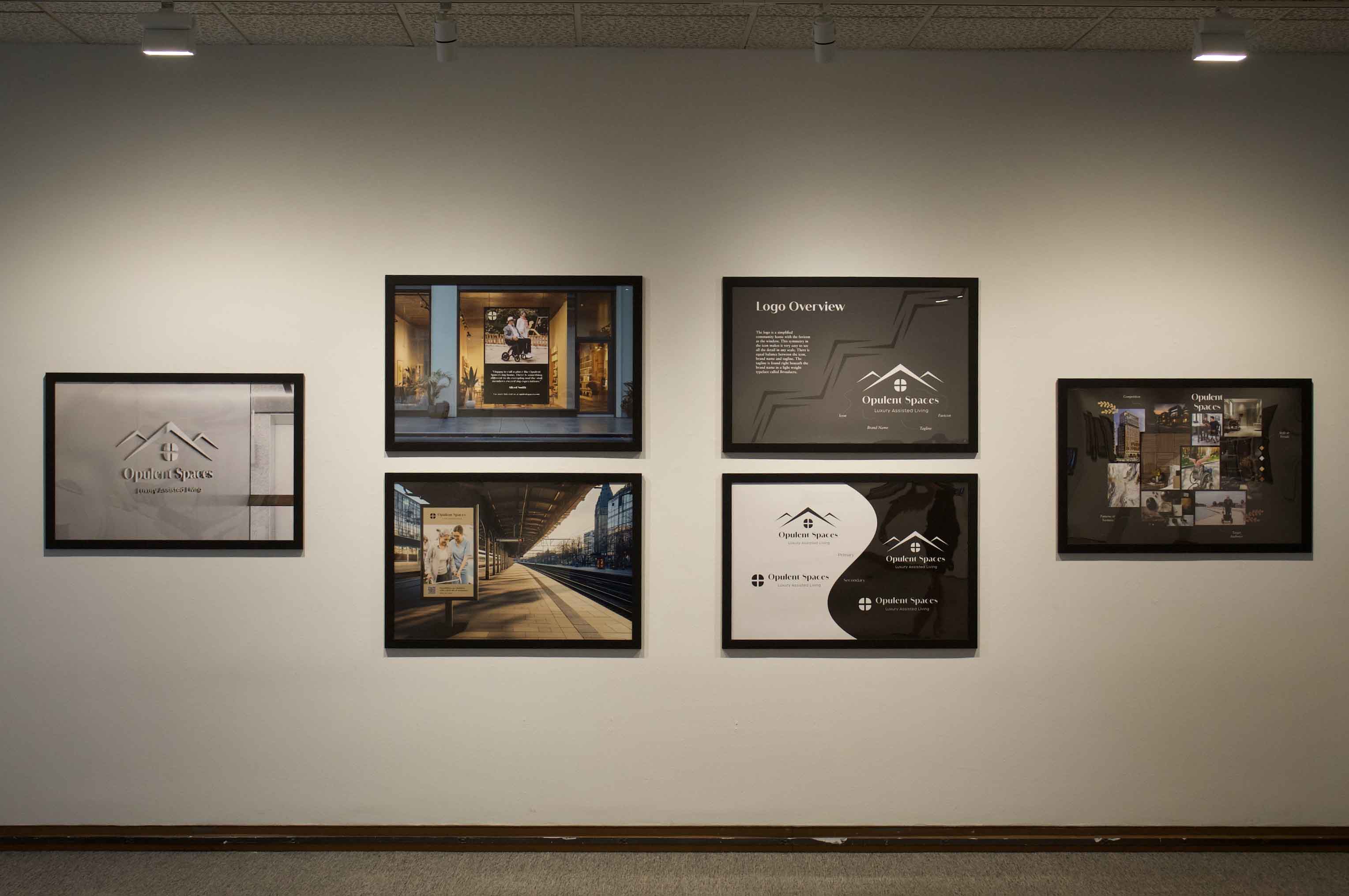 A collection of six framed posters on a wall displaying the Opulent Spaces logo, photographs, and logo designs.