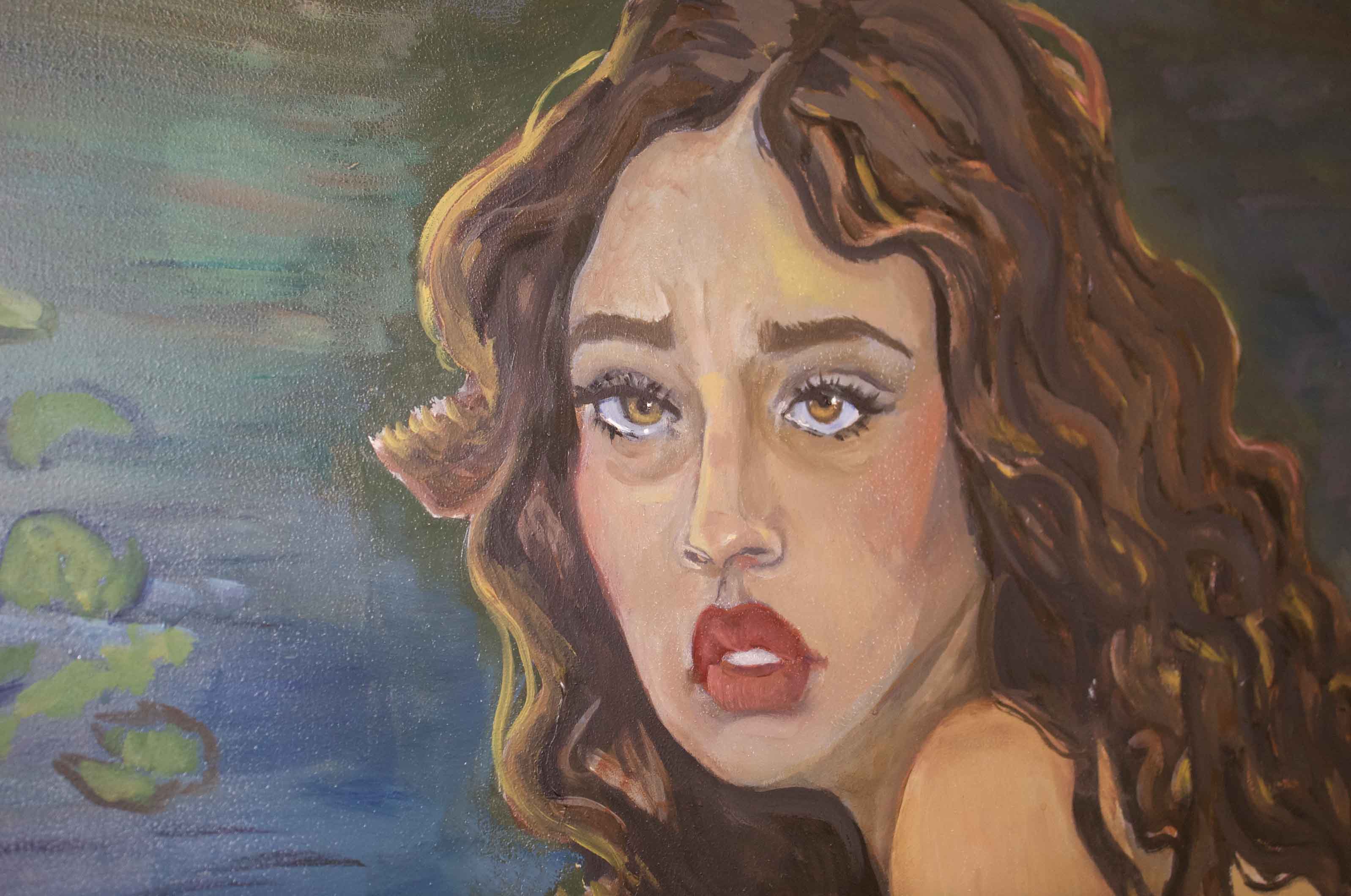 Painting of a woman with wavy brown hair and expressive eyes, set against a green and blue background.