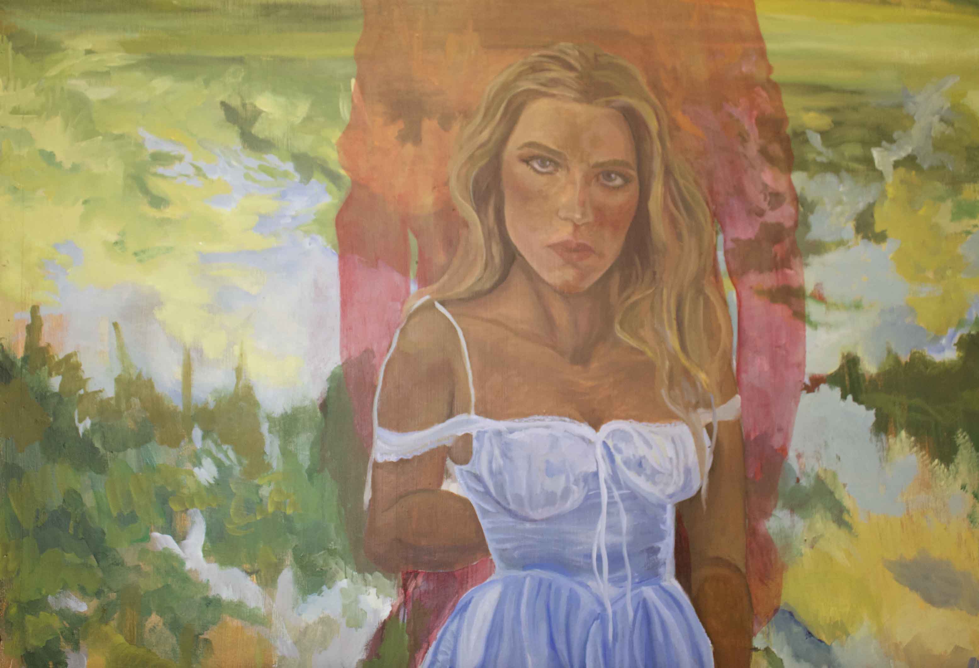 A painting of a woman with blonde hair, wearing a light blue dress, against an abstract, colorful background.