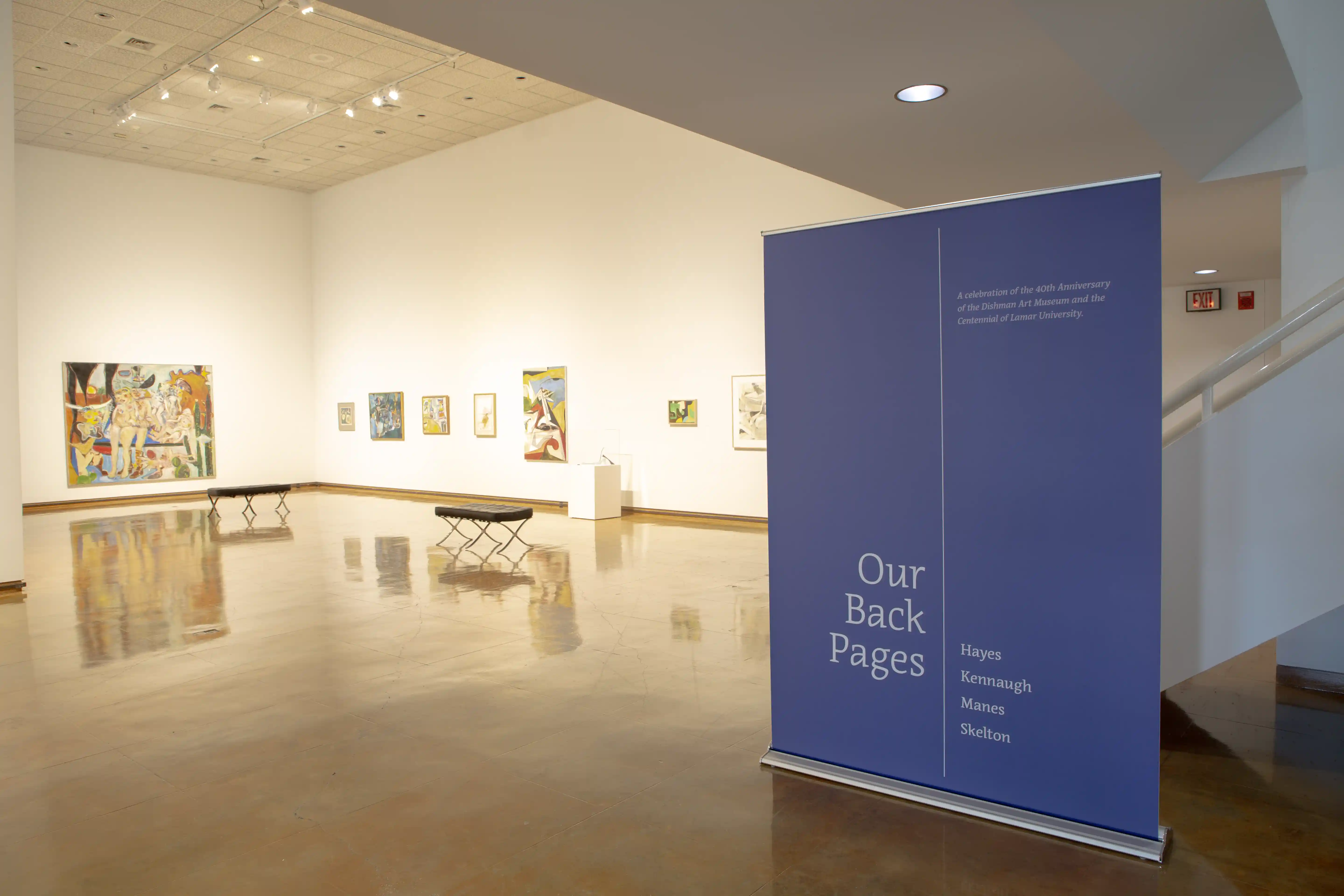 Our Back Pages; image of blue exhibition sign with various artwork on wall in background