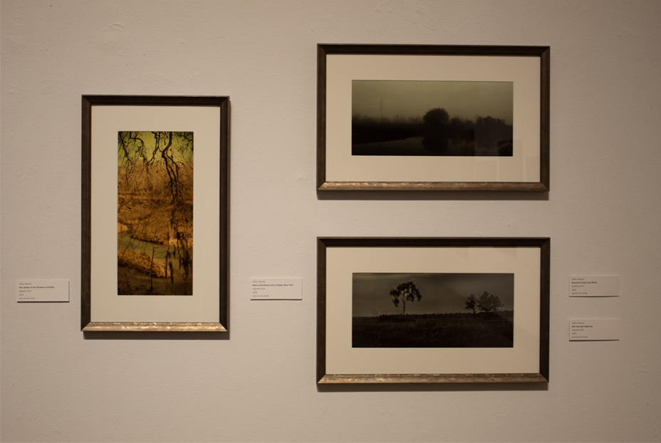 Three landscape photographs in frames on a light wall, featuring a stream with trees, a foggy scene, and a solitary tree in a field.