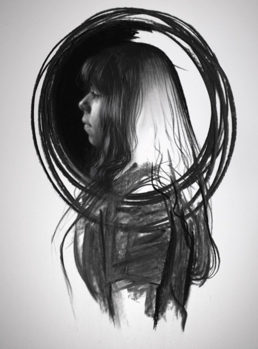 A profile charcoal portrait of a woman with bangs, encircled with thick black lines