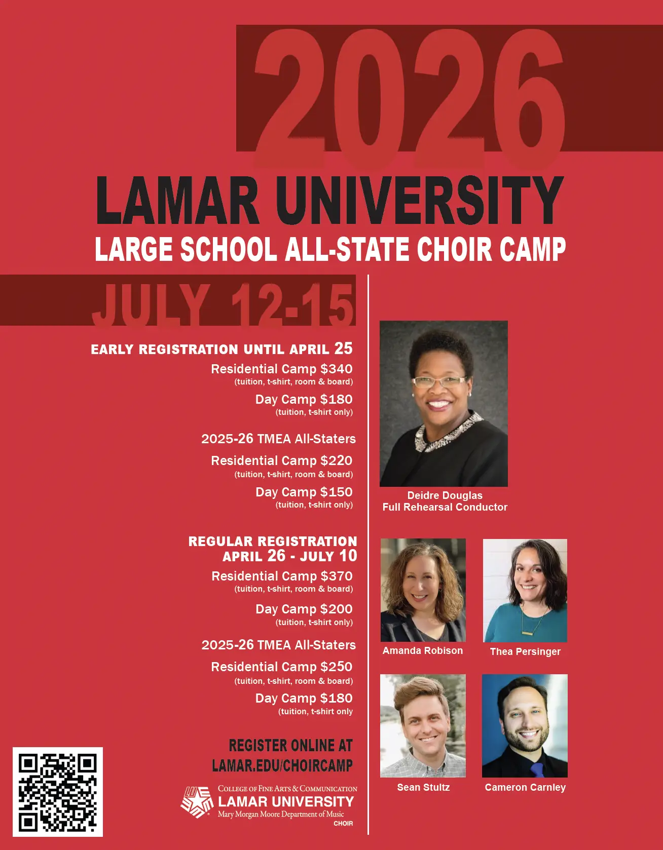 Promotional poster for Lamar University Large School All-State Choir Camp 2026 with dates, registration details, and photos of instructors. Information on poster image is presented in text on the page.