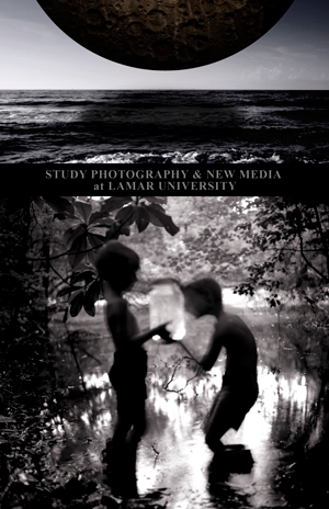 Two black and white images together with words in the middle that say "Study photography and new media at Lamar University"