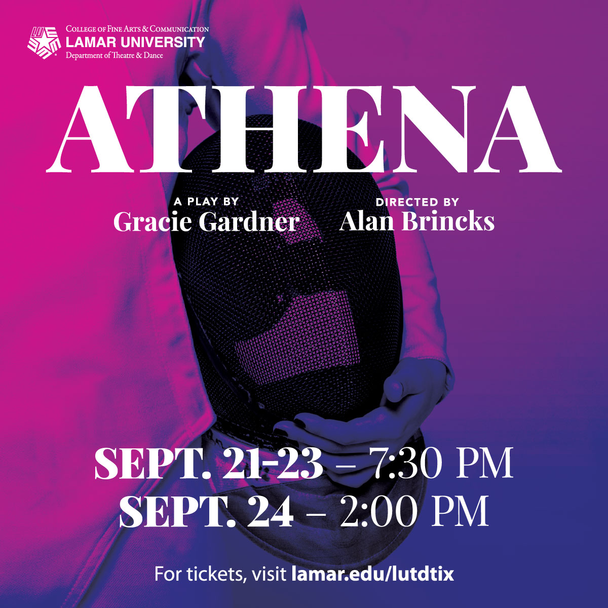 purple image with fencer background, includes production info listed to left of image