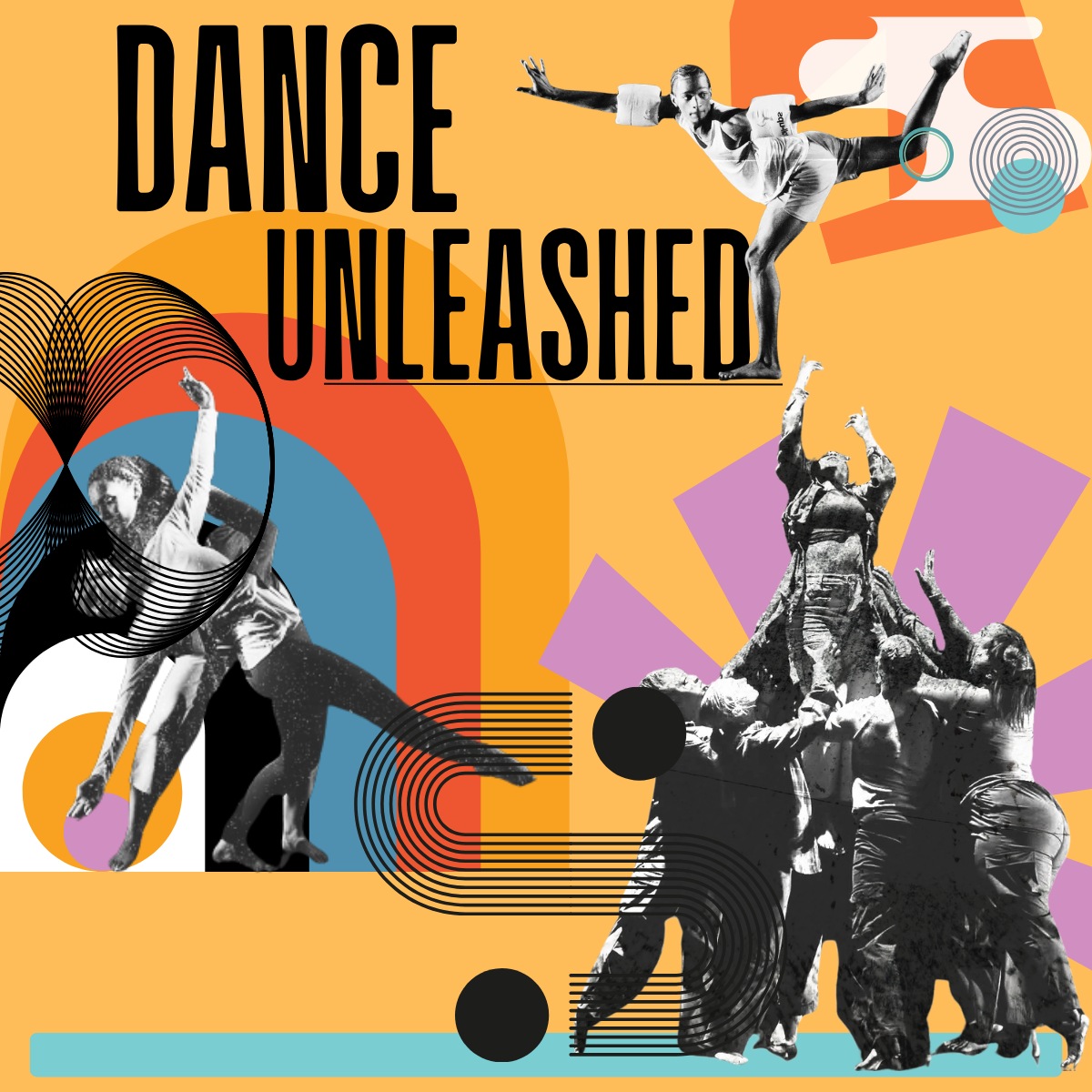 Artwork for 'Dance Unleashed' featuring dancers in motion surrounded by colorful geometric and abstract design elements.