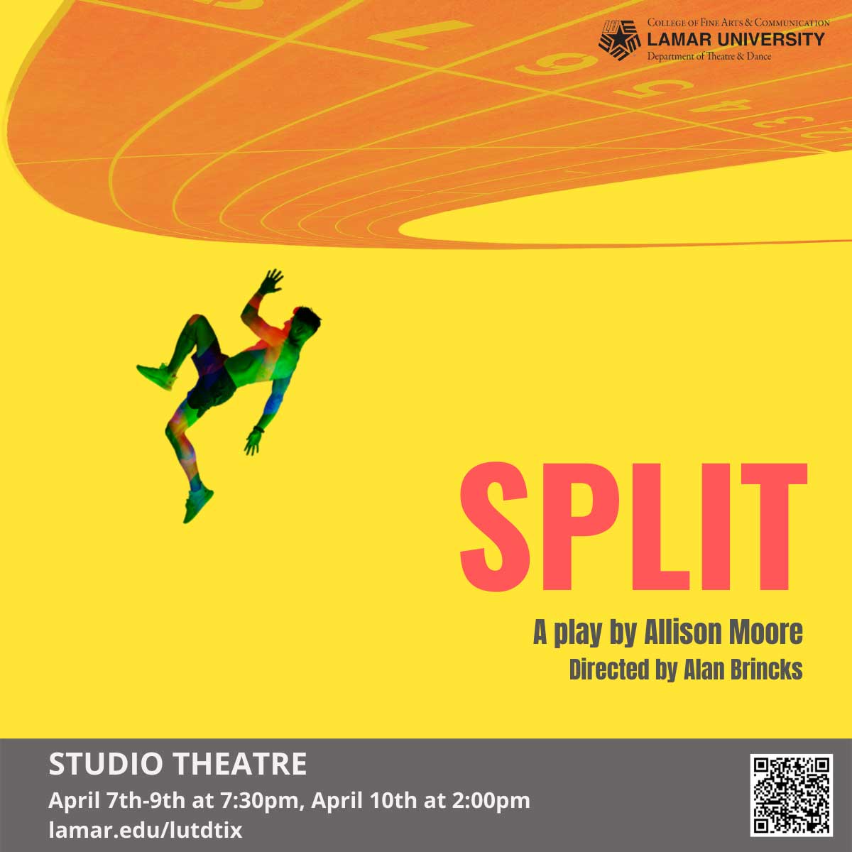 Split poster. Features an upside down running track and a runner falling. Shows information from when this event took place in 2022