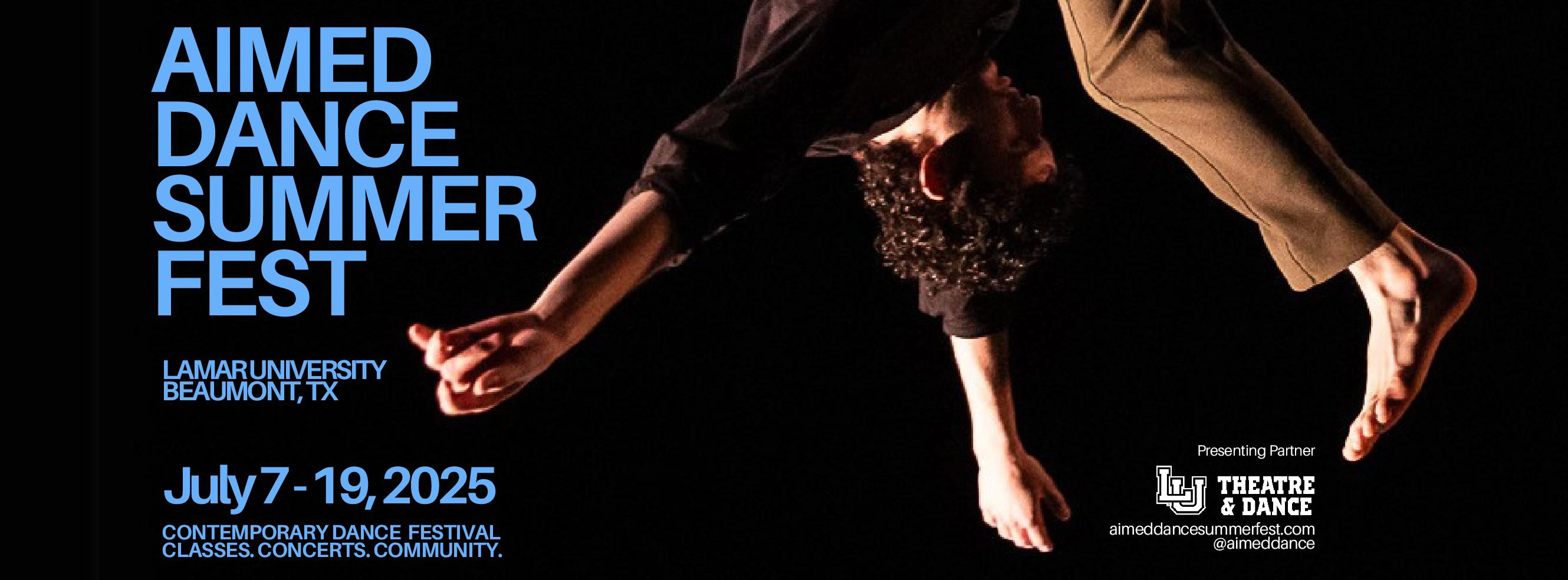 dancer flipping in air, Aimed Dance Summer Fest, Lamar University Beaumont TX, July 7-19 2025, Contemporary Dance Festival Classes Concerts Community
