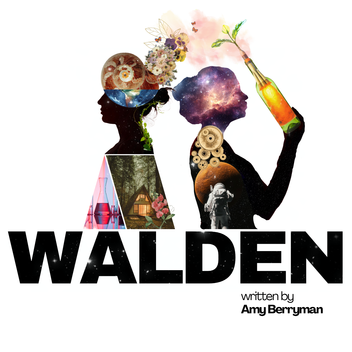 Artwork for 'Walden' featuring two silhouetted figures filled with images of nature, science, space, and technology in a surreal collage design.