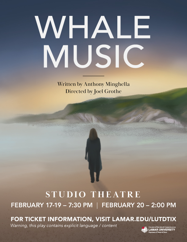 Poster for Whale Music. Features a woman walking along a beach. Shows information about when this event took place in 2022.