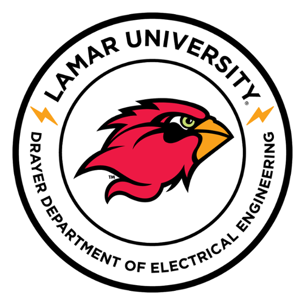 Lamar University Drayer Department of Electrical Engineering, Circular logo with cardinal head in middle and yellow lightning bolts