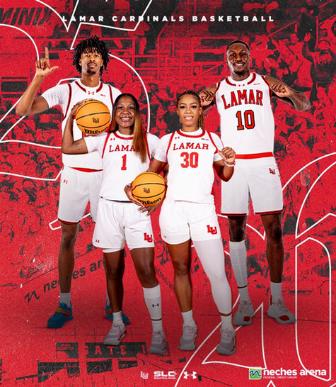 LU players from men's and women's basketball teams smile and show LU hand signals.