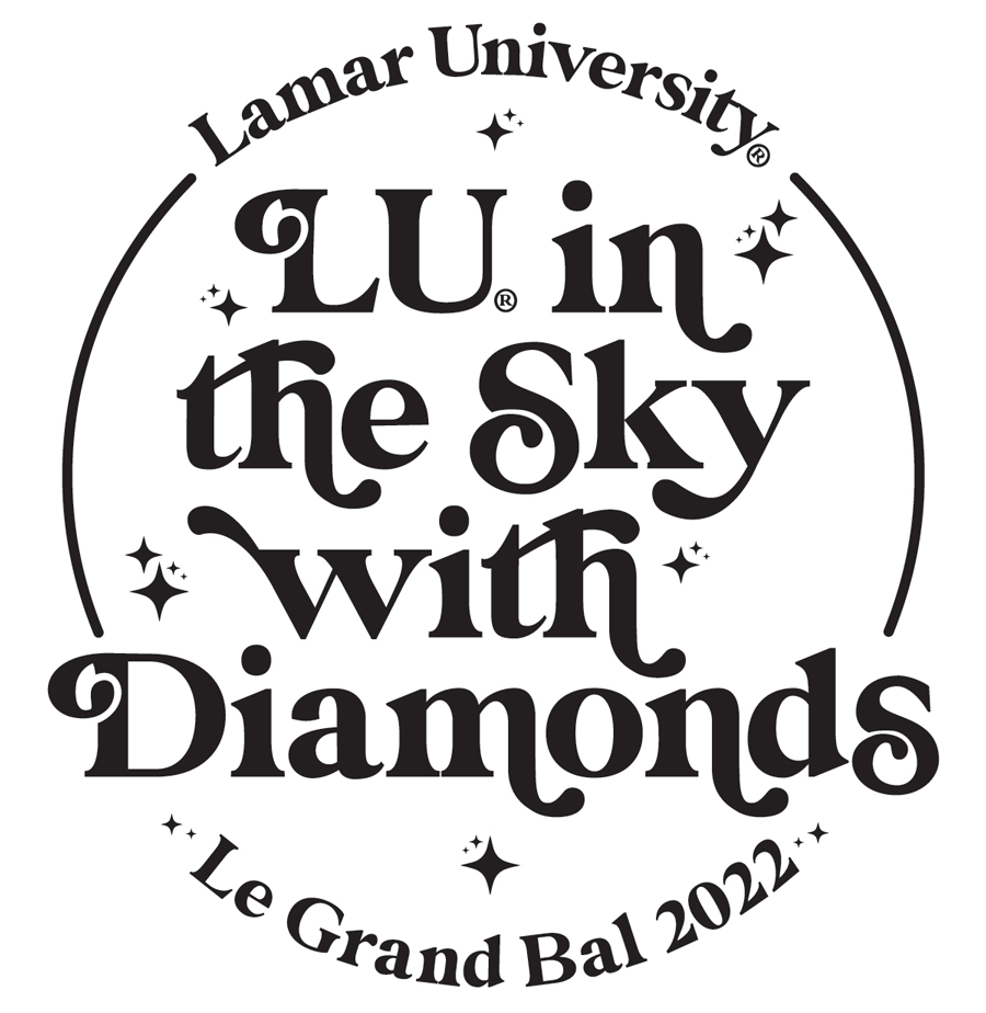Lamar University Le Grand Bal 2020, An Evening in Tuscany. Logo includes picture of Mirabeau B. Lamar statue in LU Quadrangle with Setzer Student Center in background, encircled by a green laurel wreath