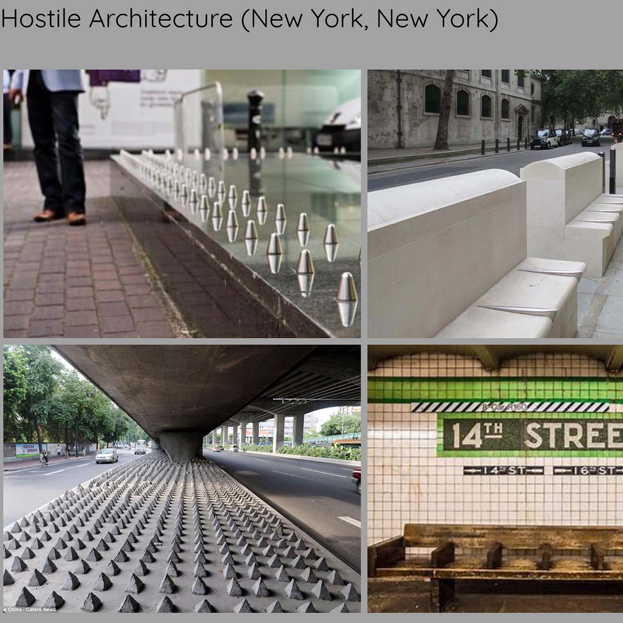 Visual example of how Dakota Emerson presented this coursework in ePortfolio: Shows photos of Hostile Architecture in New York City