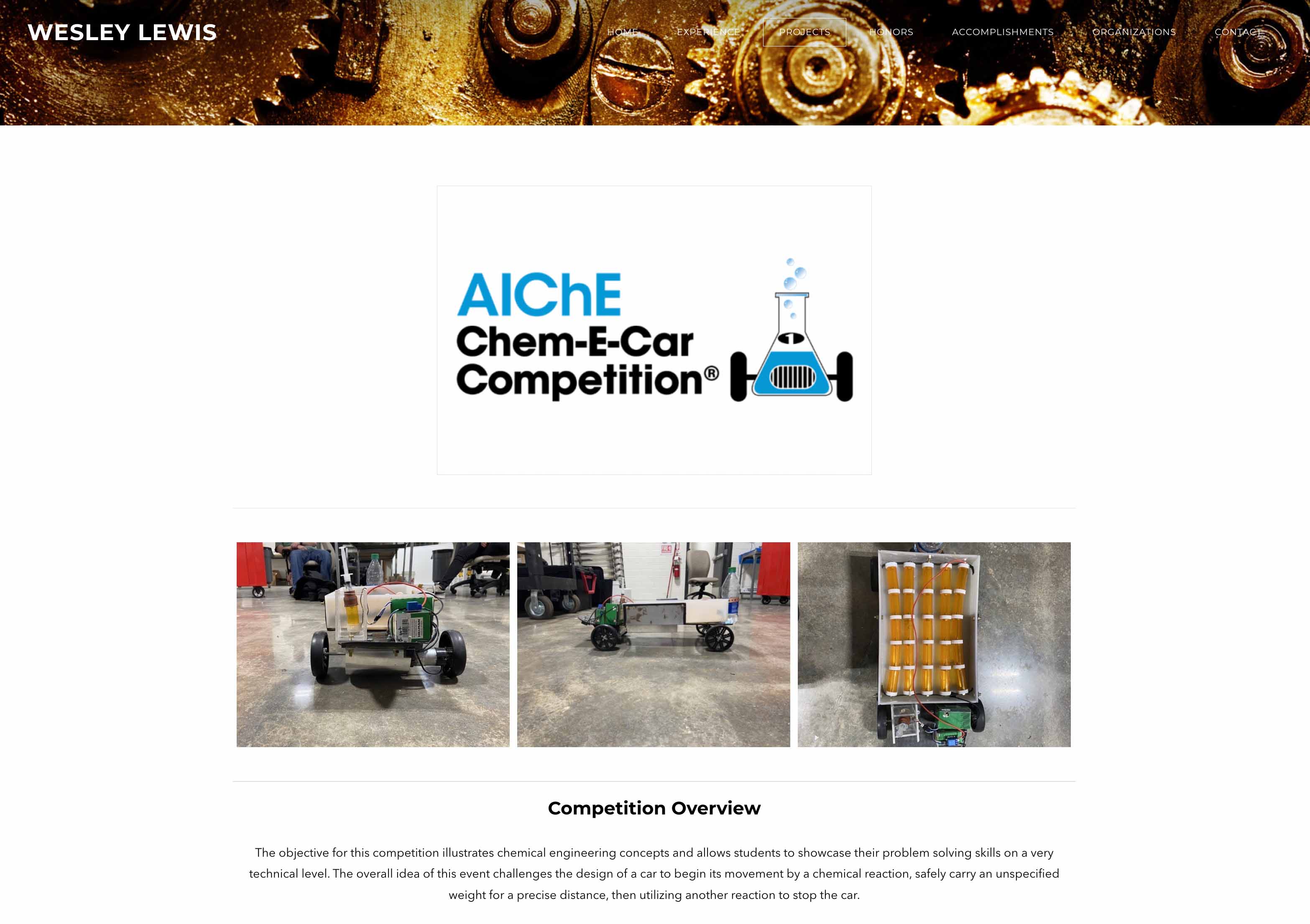 Wesley Lewis’s ePortfolio “Projects” preview page, showing photos from the AIChE Chem-E-Car Competition and a written overview sharing the objective and overall idea of the event. 