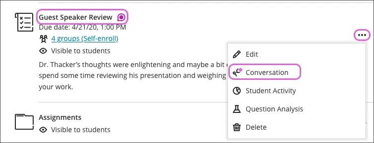A screenshot of the blackboard content area. A content item is displayed with the title highlighted. The screenshot demonstrates the contextual menu being clicked to reveal the option for viewing conversations.