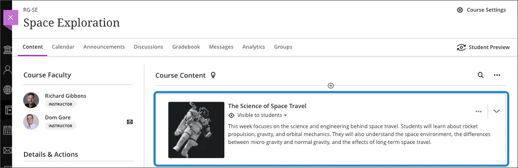 A screenshot of the course content area which now features a decorative image next to the module topic.