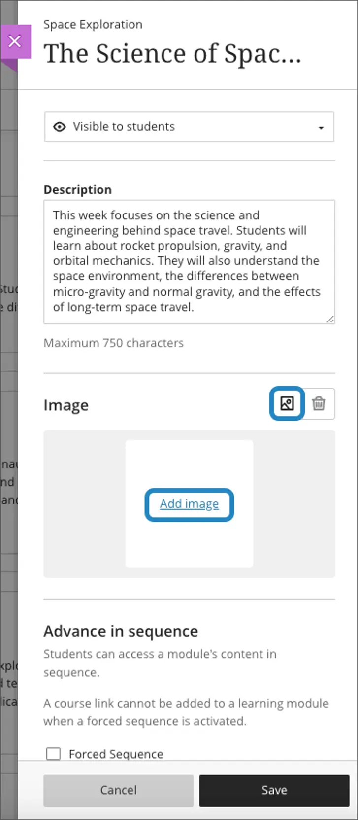 A view of the module settings. The center of the image shows an image thumbnail and the words add image highlighted.