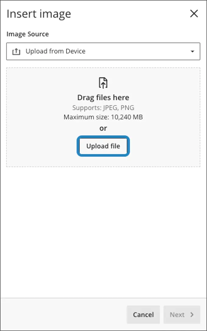 A screenshot of the insert image menu. It displays a file upload icon and directs the user to drag and drop a file.
