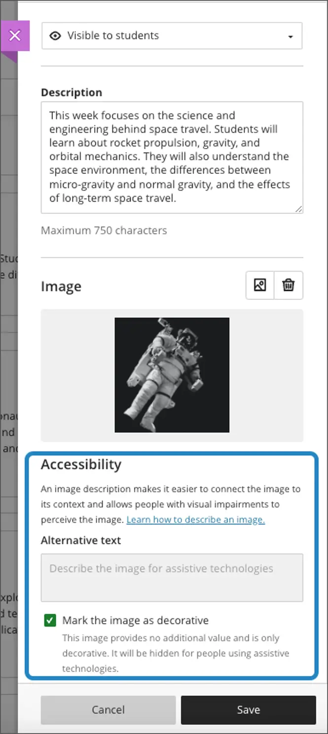 An image of the module settings menu. The accessibility features are highlighted, showing the option to add a description or mark as decorative.