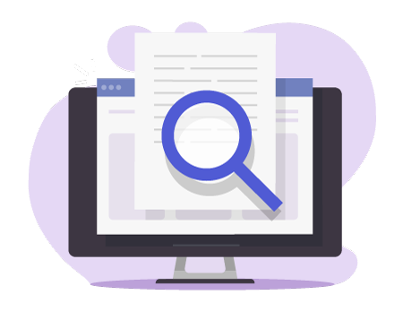 An illustrated desktop computer with a document and search icon