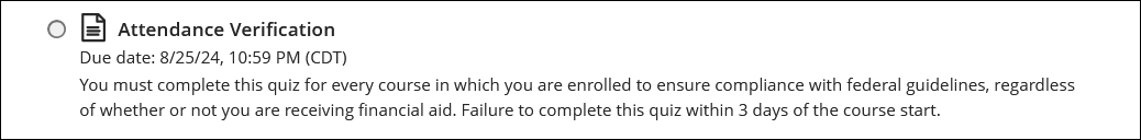 image example of Attendance Verification field, has a radio choice button with a label of Attendance Verification, due date and time, and some instructional text