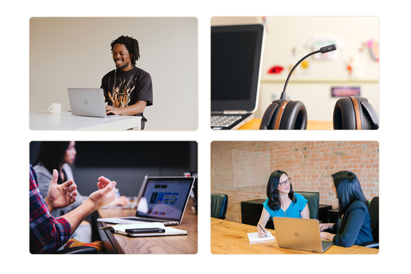 A grid of four decorative images. Top Left is of a young man smiling down at his laptop. Top right is of a headset and microphone. Bottom left is of a man's hands during a meeting. Bottom right is of two women meeting in front of a laptop. 