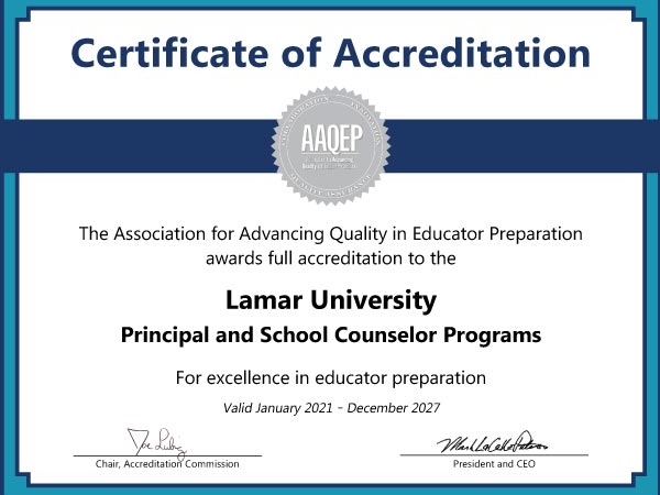 Lamar University earns National Accreditation of Programs for Principal, School Counselor Preparation