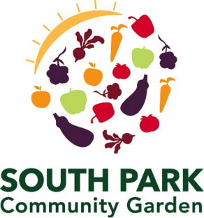 South Park Community Garden - logo with green text and various icons of vegetables in an orb