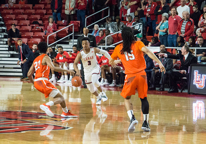 Junior forward, Christian Barrett, prepares to score during a matchup against Sam Houston State, Saturday in the Montagne Center. The men’s team ended SHSU’s undefeated season. UP photo by Cade Smith