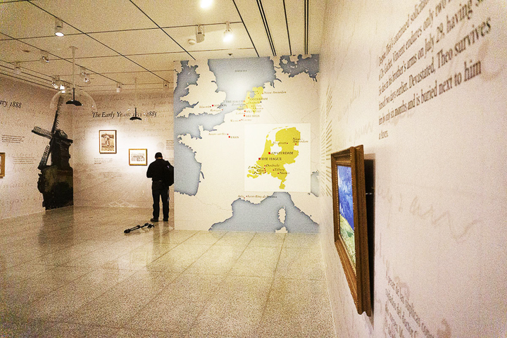 the opening room of the exhibit boasts a large map of the areas van Gogh travelled in during his career , as well as several reproductions of his most famous paintings. UP photo by Cassandra Jenkins