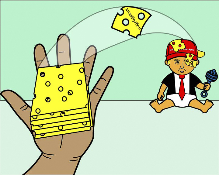 A large hand is holding sliced cheese. On the wrist of the hand says "Democrats". Also in the picture is a piece of cheese that says "Investigation". There is a baby that looks like Donald Trump that is covered in cheese. 