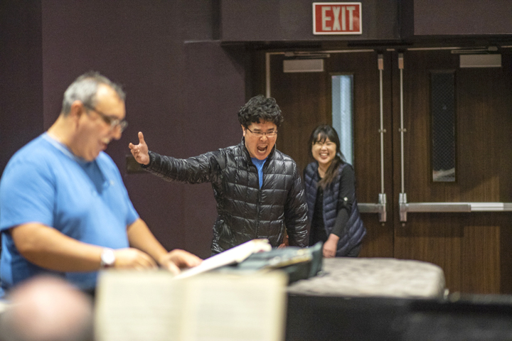 Jason Choi, left, and Summin Cha, right, practice for their upcoming opera show, “La Traviata” in the Rothwell  Recital Hall, Thursday. UP photo by Noah Dawlearn