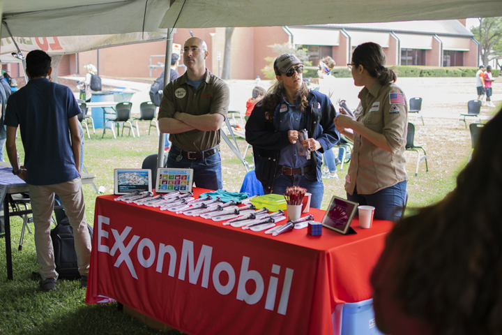 ExxonMobil workers present their sustainability goals and their work toward Beaumont’s air quality during Lamar University’s Earth Day celebration, on the Dining Hall lawn, Monday. The ExxonMobil Refinery in Beaumont has reduced benzene emissions, sulfur dioxide and volatile organic compounds significantly since 2004. UP photo by Lakota Jaton