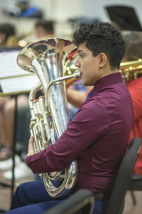 Lamar student practicing for the Symphonic Band Concert in the Charles A“Pete” Wiley Rehearsal Hall, Tuesday. UP photo by Noah Dawlearn