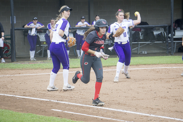 Elizabeth Castillo, junior left fielder, runs to first base during Lamar’s 1-0 victory against the University of Central Arkansas, Saturday, at the LU softball complex. UP photo by Cade Smith