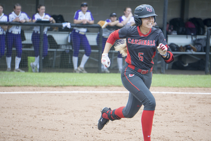 Shania Amir, freshman catcher, runs to first base during Lamar’s 1-0 victory against the University of Central Arkansas, Mar. 30, at the LU softball complex. UP photo by Cade Smith