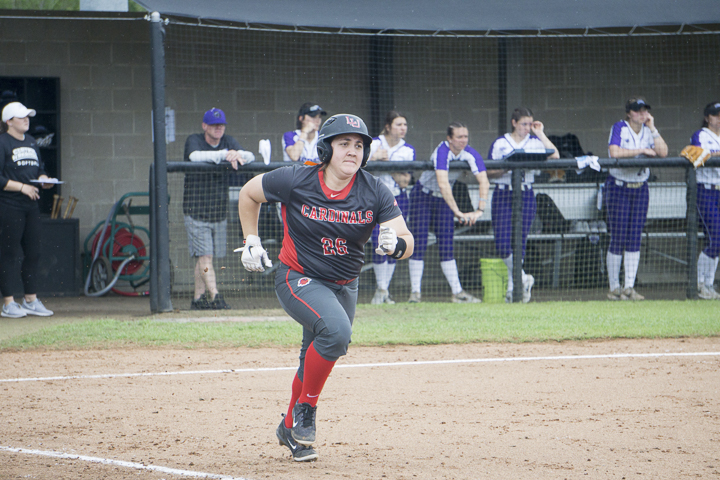 Taylor Davis, senior first baseman, runs to first base prior to getting grounded out during Lamar’s 1-0 victory against the University of Central Arkansas, Mar. 30, at the LU softball complex. UP photo by Cade Smith