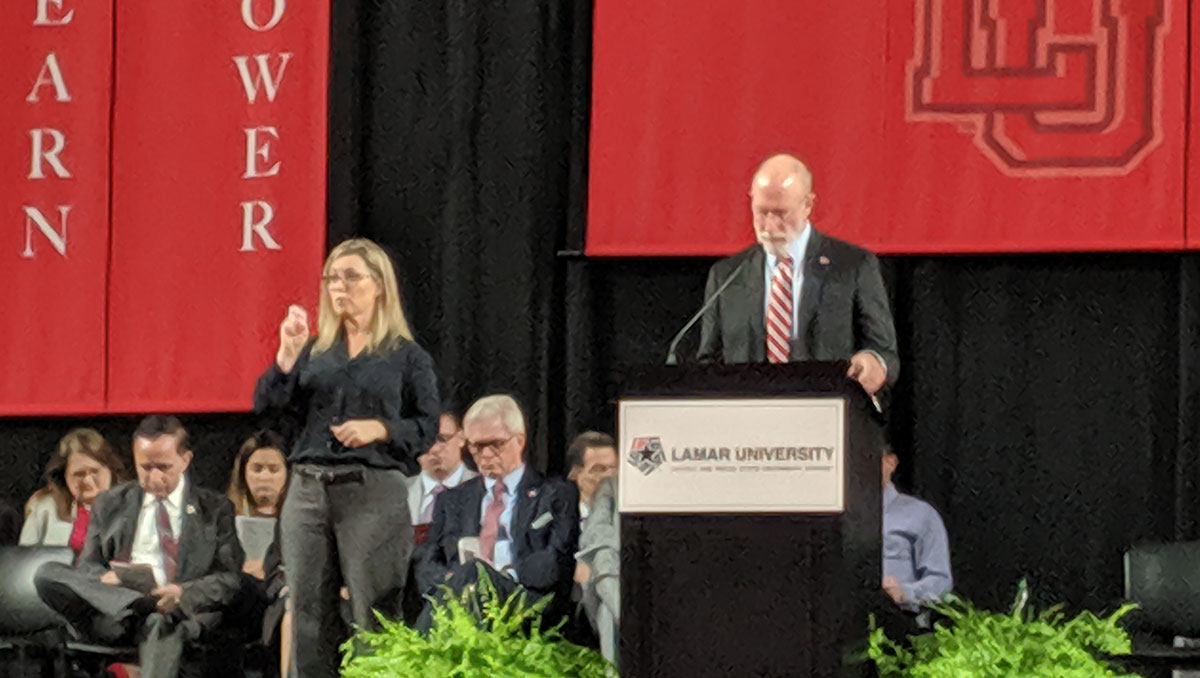 Lamar University President Evans speaks at the annual convocation, Aug. 20, in the Montagne Center. UP photo by Olivia Malick