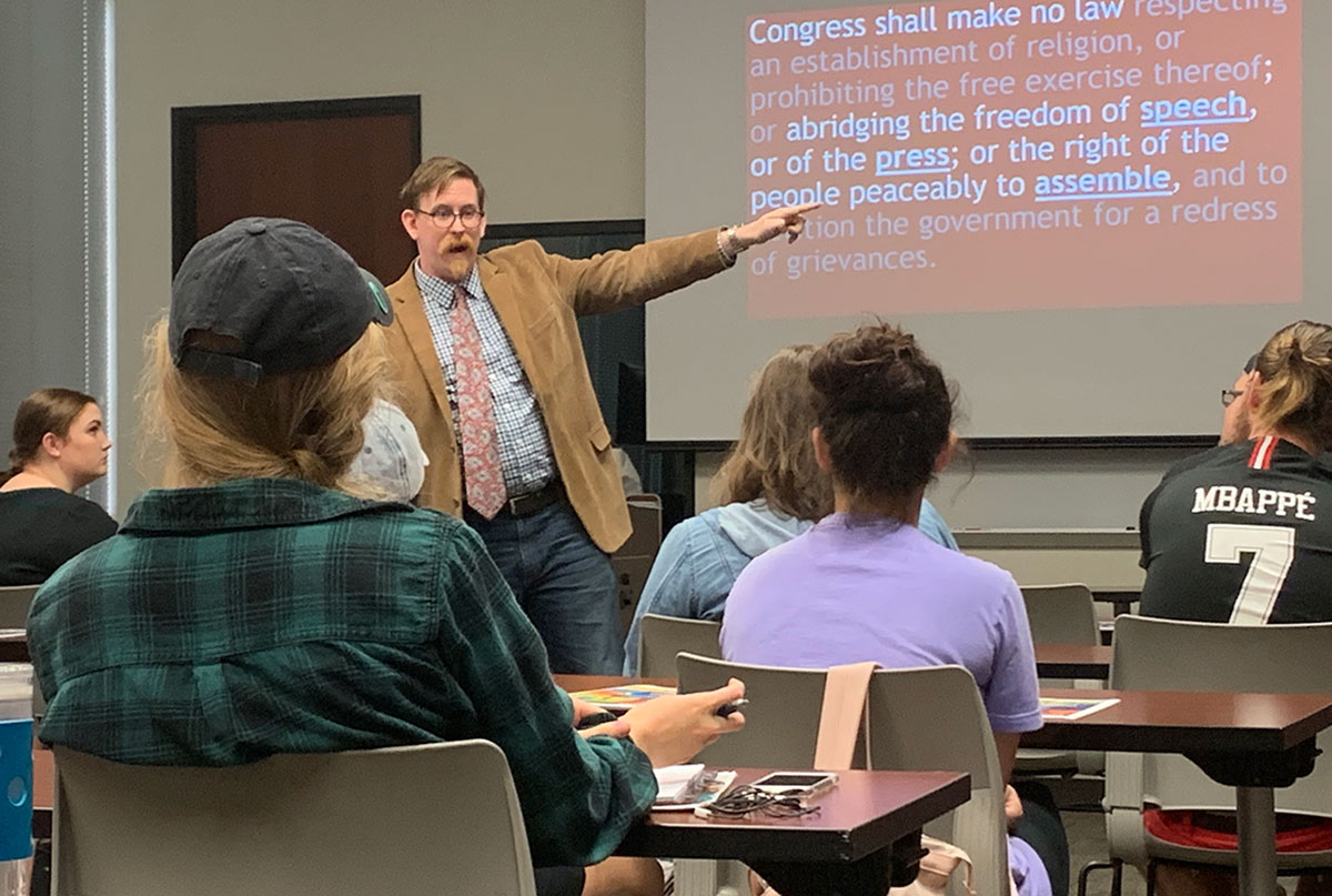 LU communication professor Ken Ward discusses the First Amendment during a boot camp, Sept. 5 in the Communication Building. UP photo by Tiana Johnson