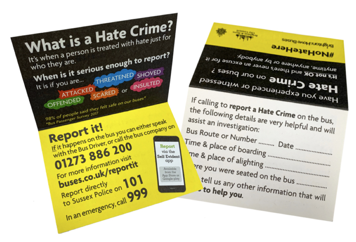 Hate crime reporting cards from Brighton & Hove bus company
