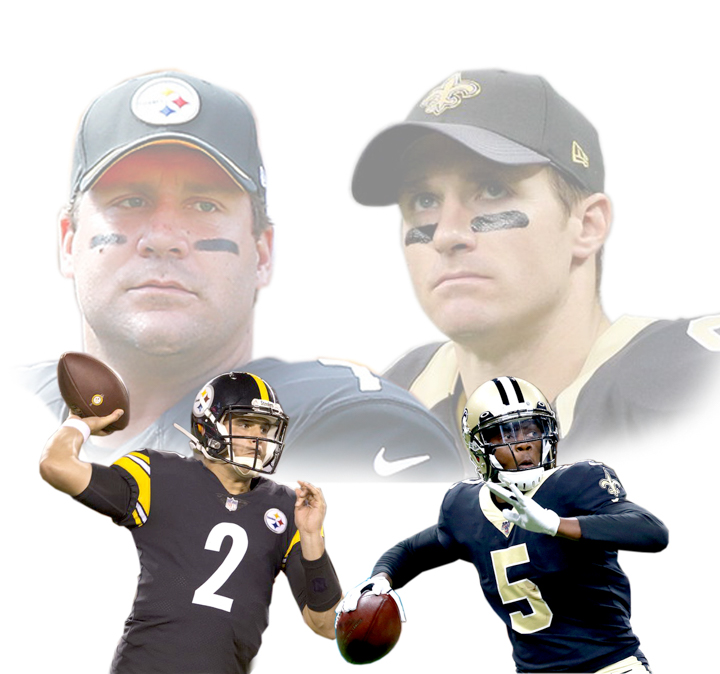 Above we see Ben Roethlisberger and Drew Brees looking over at their replacements since they are injured. UP graphic by Cade Smith