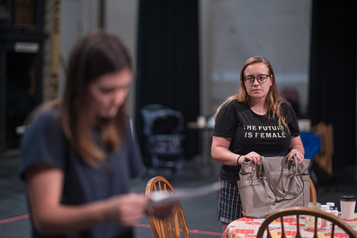 Emily Buesing, left, and Caitlin Grammar rehearse a scene from “Luna Gale” in the University Theatre, Sept. 25. UP photos by Noah Dawlearn
