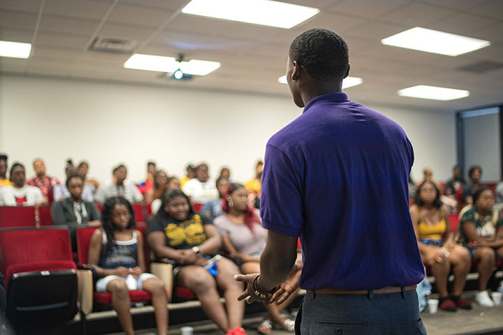Caleb Love talks to students about consent during the "No Means No" presentation, Sept. 12, in 103 Communication Building