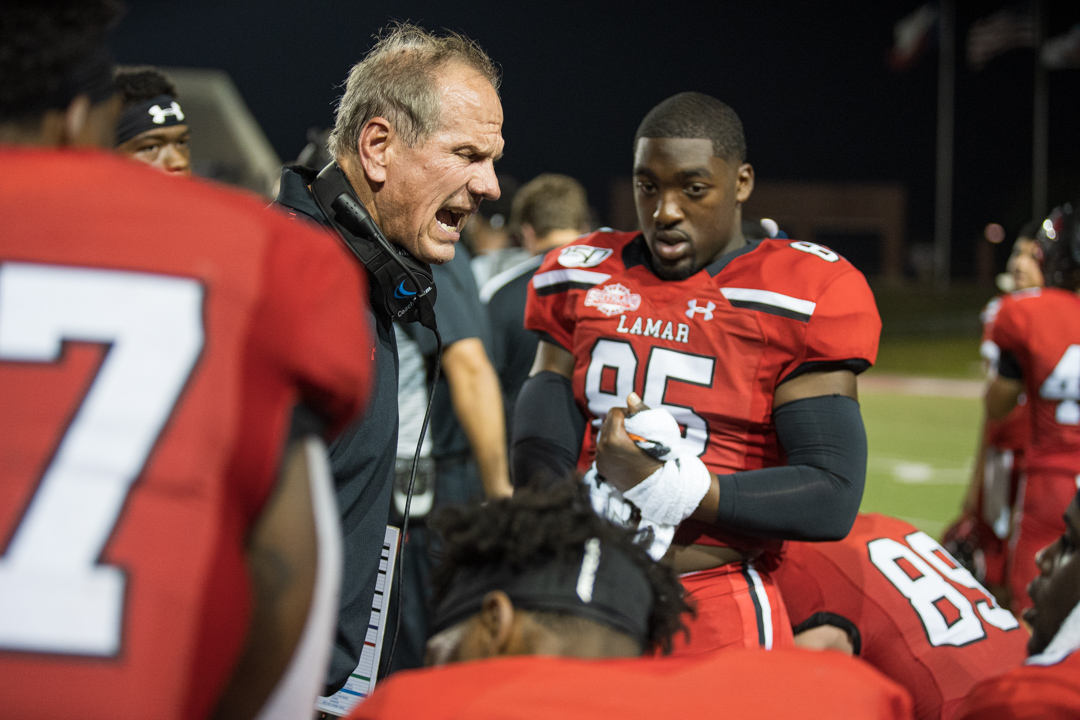 LU head coach Mike Schultz tells the team to limit the mistakes during the Homecoming game 24-17, loss to Stephen F. Austin, Saturday at Provost Umphrey Stadium.. UP photo by Noah Dawlearn