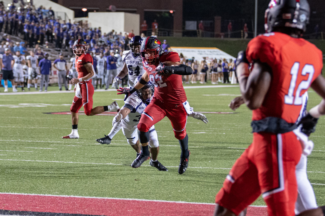 LU Tight End, Mason Sikes runs towards the endzone during the 17-24 loss against the Stephen F. Austin Lumberjack at Provest Umphery Stadium, Sep. 28. UP photo by Noah Dawlearn